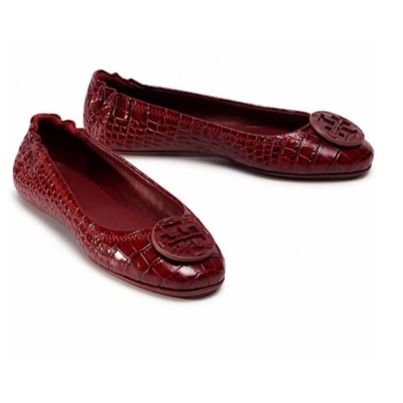 Tory Burch Reva Croc Embossed Patent Slip On Ballet Flats Size 6 Burgundy Red - Picture 1 of 11